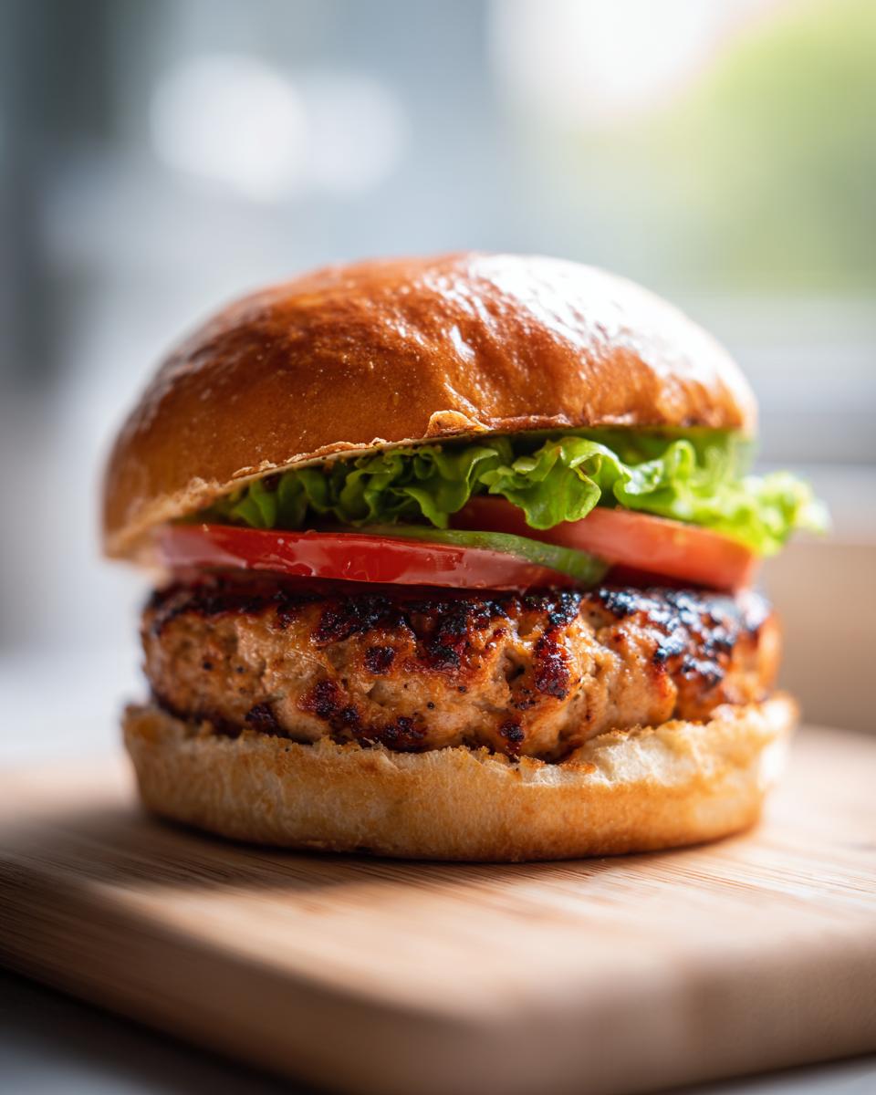 A perfectly grilled turkey burger on a toasted bun with lettuce and tomato, showcasing grilling recipes that keep turkey burgers juicy and flavorful.