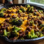 A close-up of a Keto Hamburger Broccoli Skillet in a cast iron pan, topped with melted cheddar cheese.