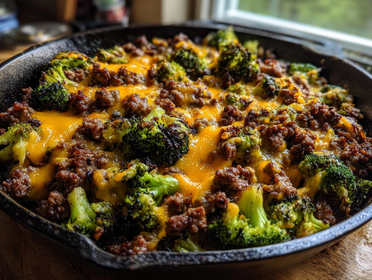 A close-up of a Keto Hamburger Broccoli Skillet in a cast iron pan, topped with melted cheddar cheese.