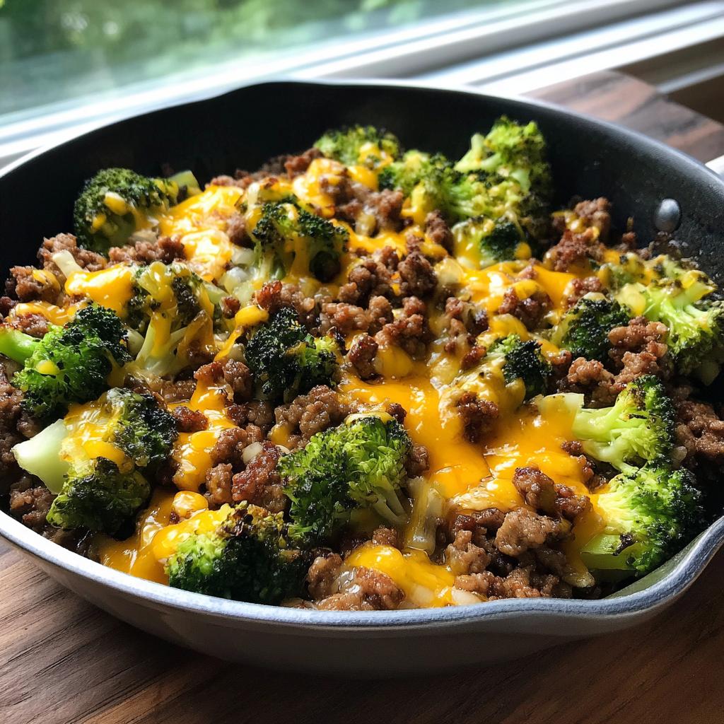 A close-up of a Keto Hamburger Broccoli Skillet in a pan, topped with melted cheddar cheese.