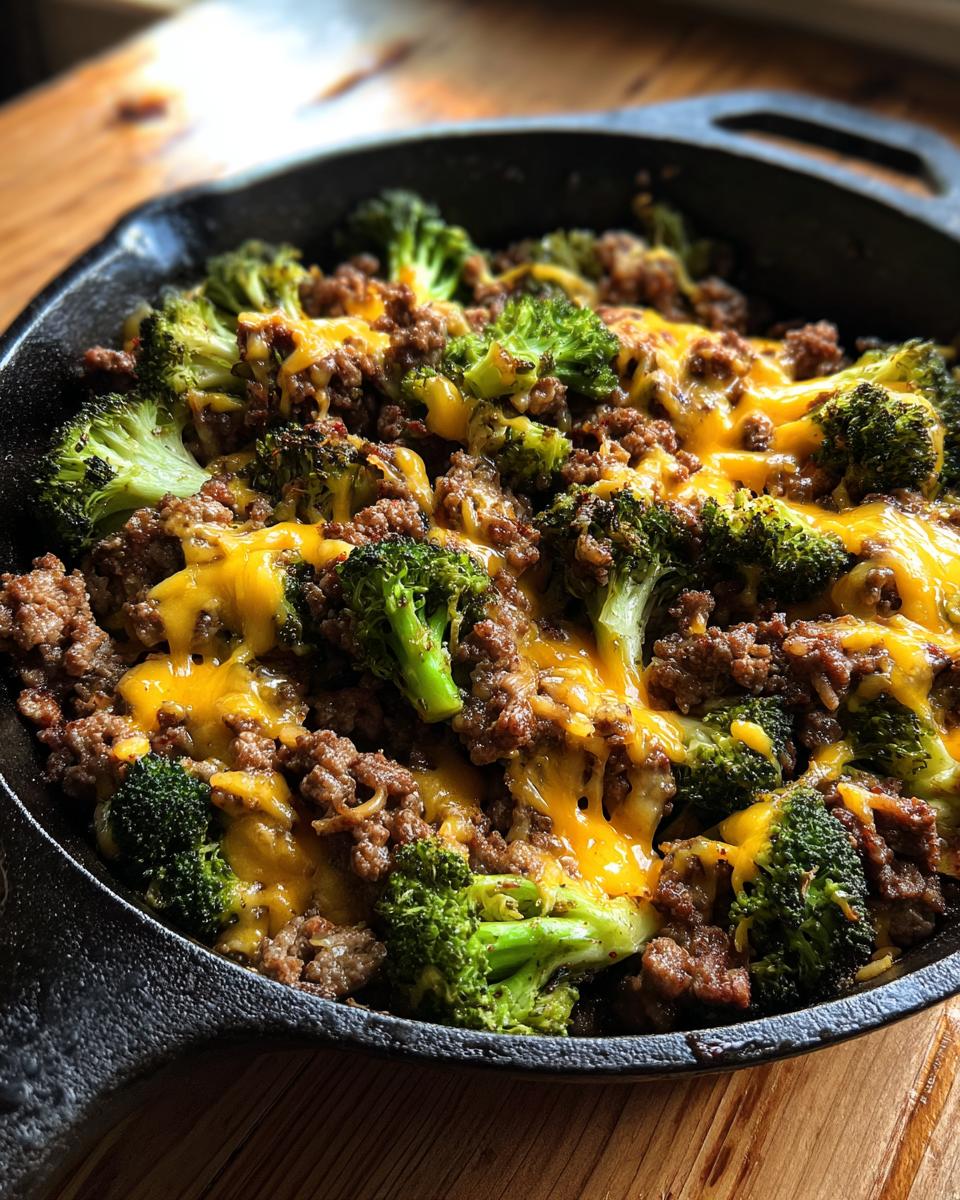 A close-up of a cast iron skillet filled with a Keto Hamburger Broccoli Skillet, topped with melted cheddar cheese.
