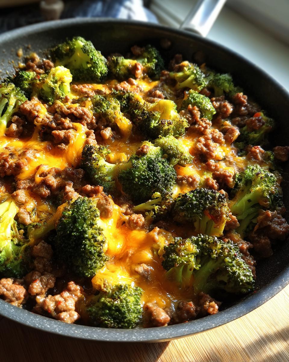Close-up of a Keto Hamburger Broccoli Skillet with ground beef and broccoli topped with melted cheddar cheese.