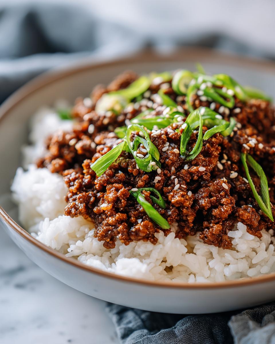 A close-up of a Korean Ground Beef Bowl, featuring savory ground beef over fluffy white rice, garnished with green onions and sesame seeds.