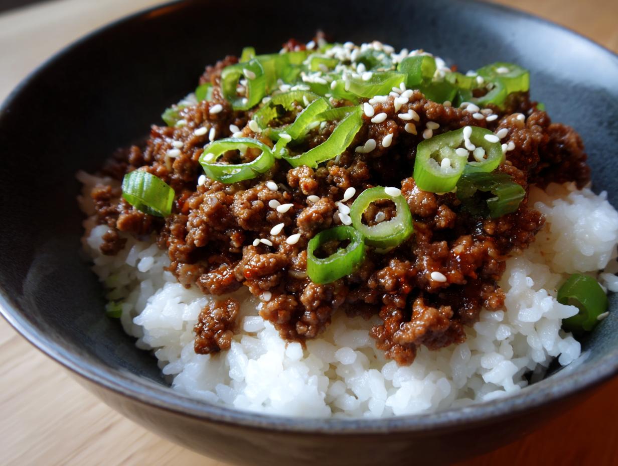 A close-up of a Korean Ground Beef Bowl, featuring seasoned ground beef over white rice, topped with sliced green onions and sesame seeds.