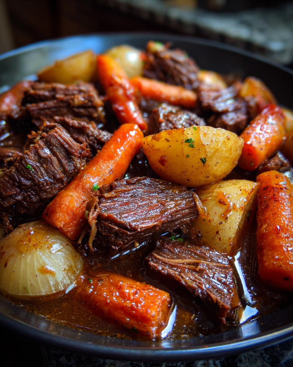 Close-up of a rich Korean Style Pot Roast with tender beef, carrots, and potatoes in a savory sauce.
