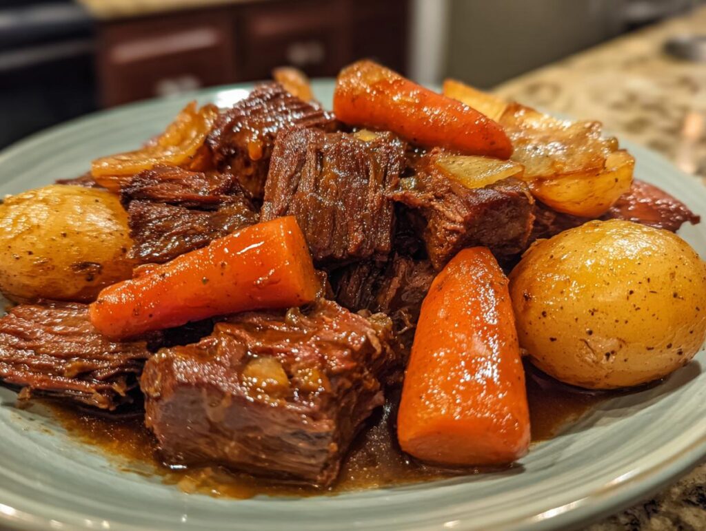A close-up of a plate filled with tender Korean Style Pot Roast, chunks of carrots, and whole potatoes in a rich sauce.