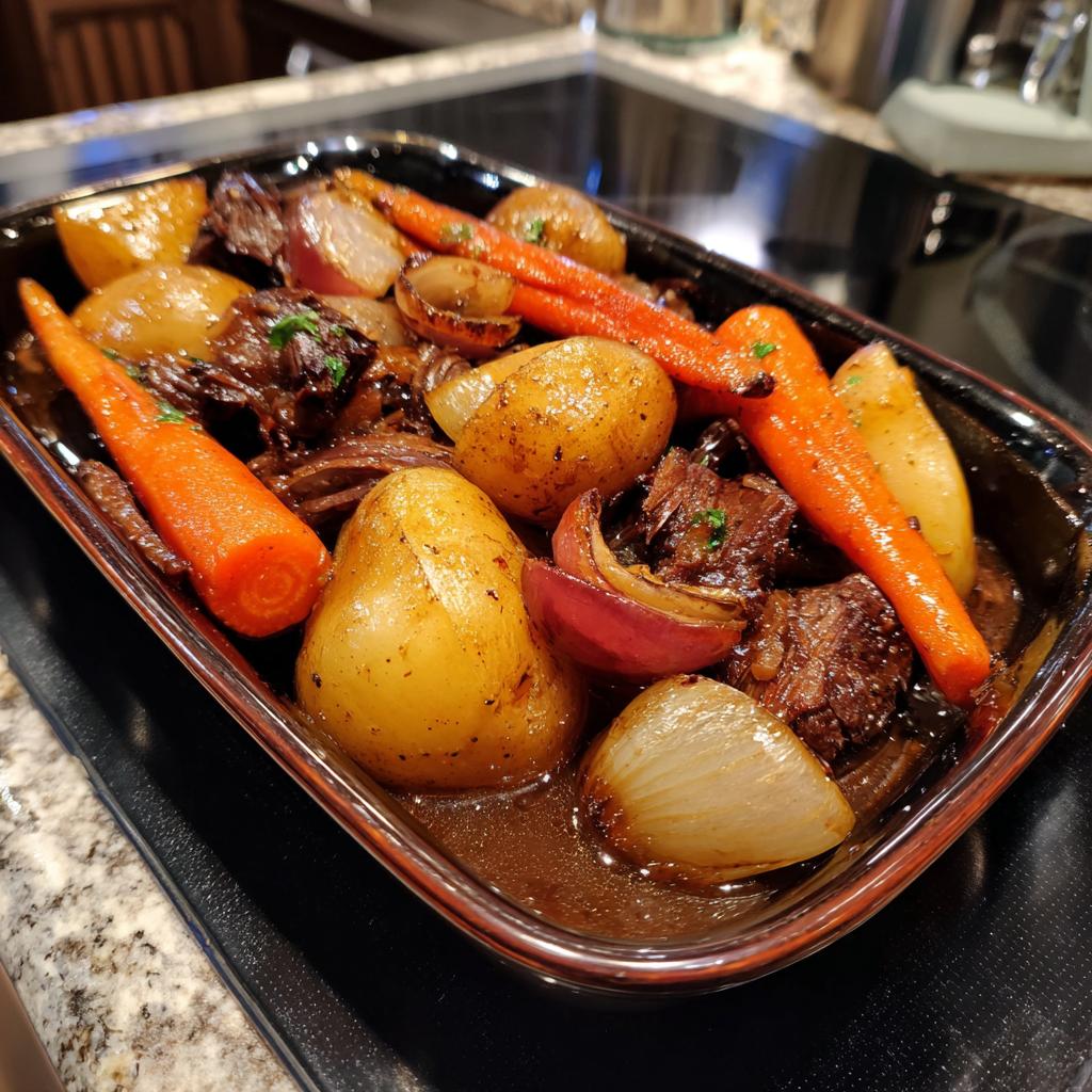 A close-up of a Korean Style Pot Roast in a baking dish, featuring tender beef, potatoes, carrots, and onions in a rich sauce.