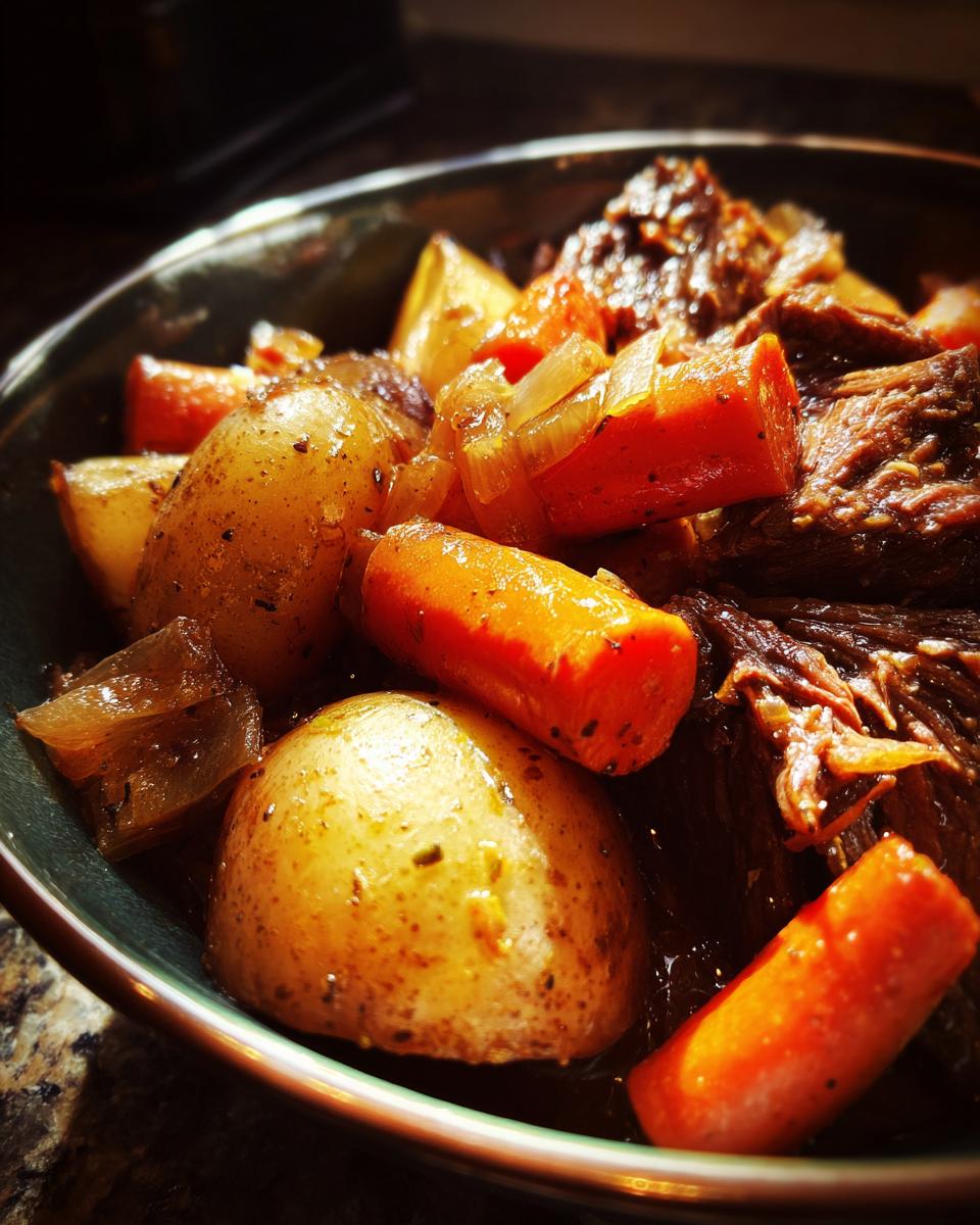Close-up of a bowl filled with tender Korean Style Pot Roast, potatoes, carrots, and onions.