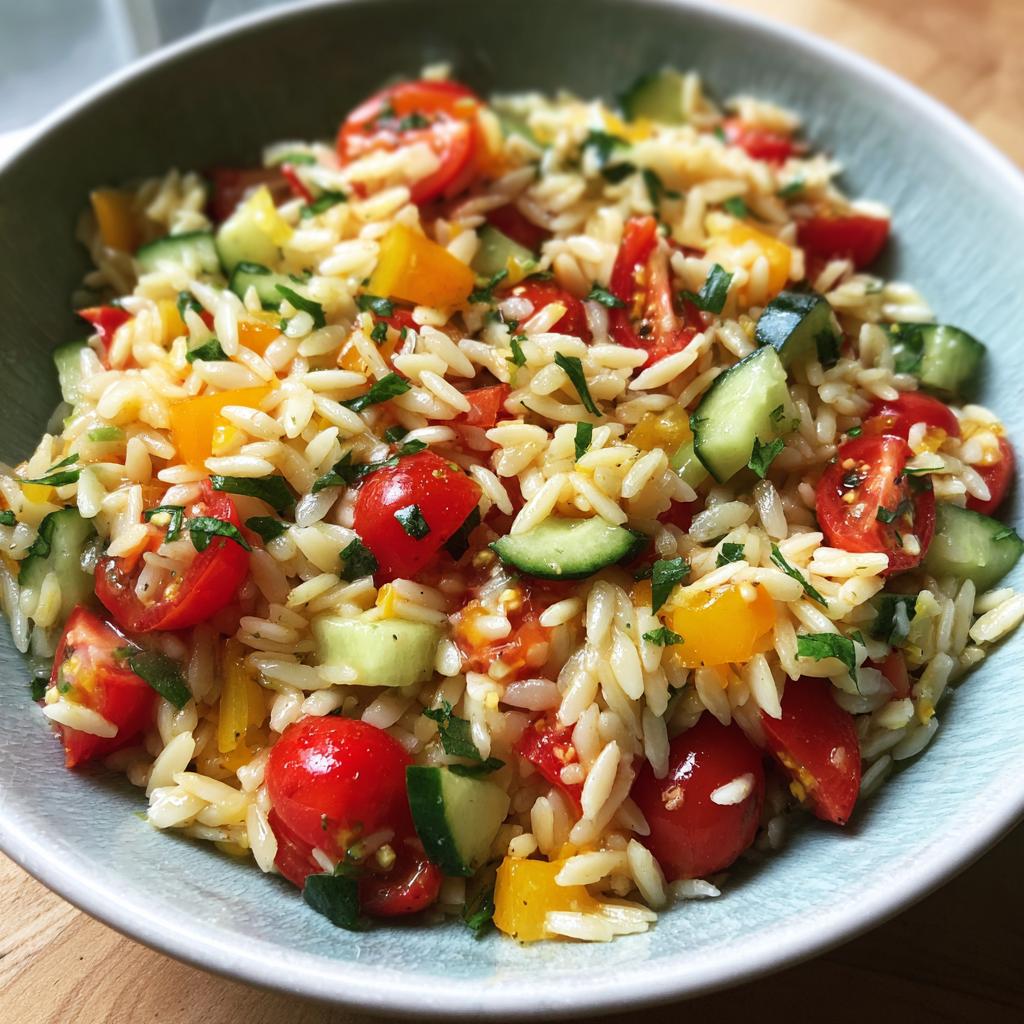 A vibrant bowl of lemony orzo salad with fresh cherry tomatoes, cucumber slices, and yellow bell peppers, sprinkled with fresh parsley.