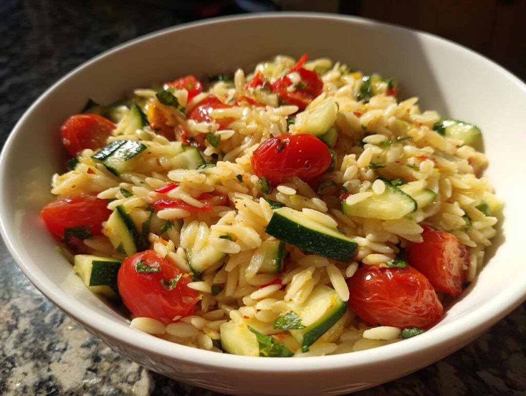 A bowl of lemony orzo salad with fresh veggies, featuring cherry tomatoes, cucumber, and herbs.