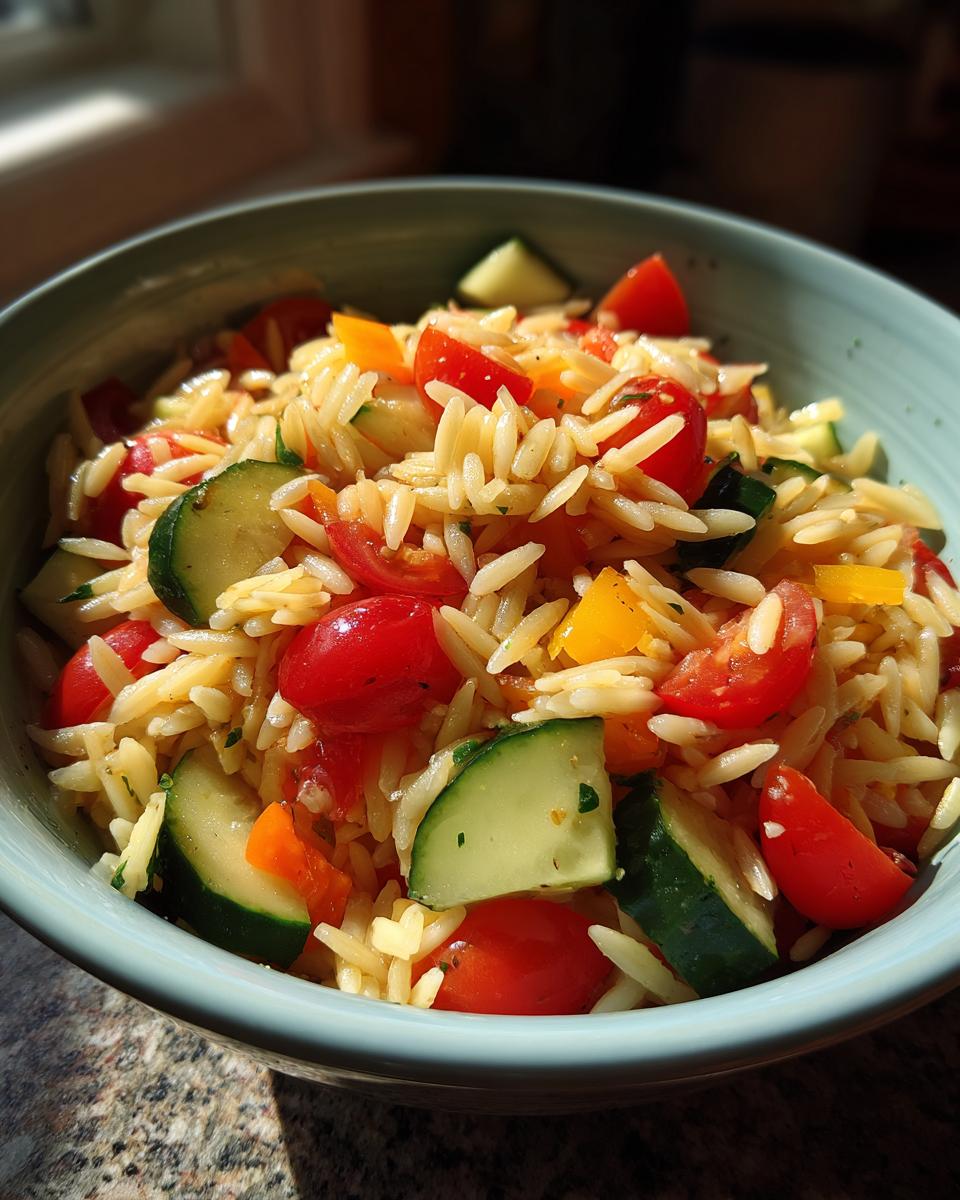 A bowl of lemony orzo salad with fresh veggies including cherry tomatoes, cucumber, and bell peppers.