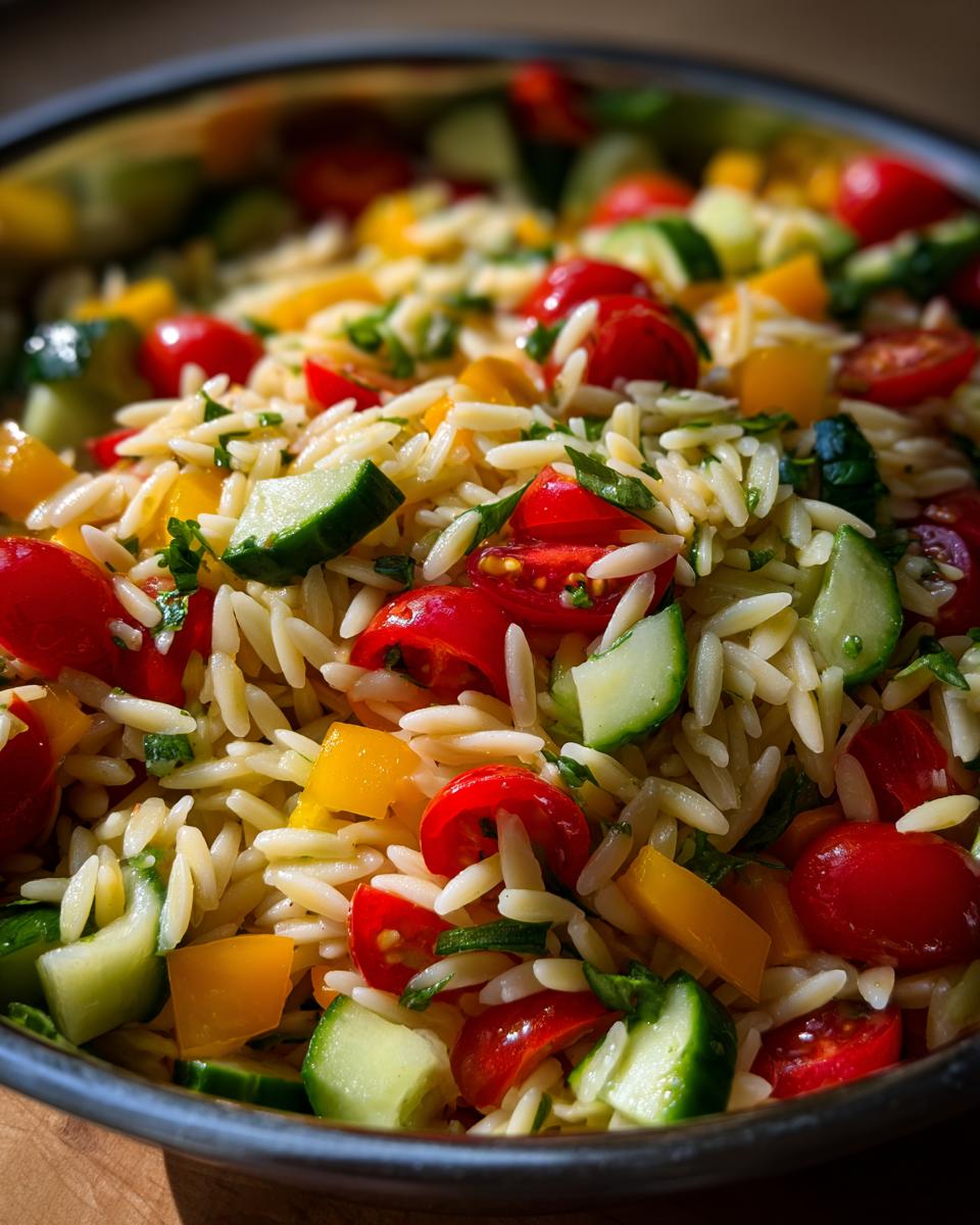 Close-up of a vibrant Lemony Orzo Salad With Fresh Veggies, featuring orzo pasta, cherry tomatoes, cucumber, and yellow bell pepper.