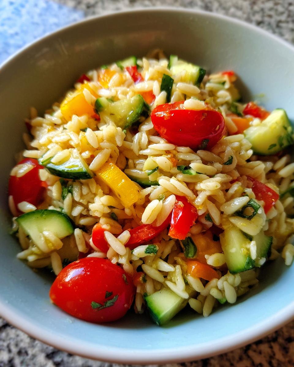A close-up of a bowl filled with lemony orzo salad with fresh chopped vegetables like tomatoes, cucumber, and bell peppers.