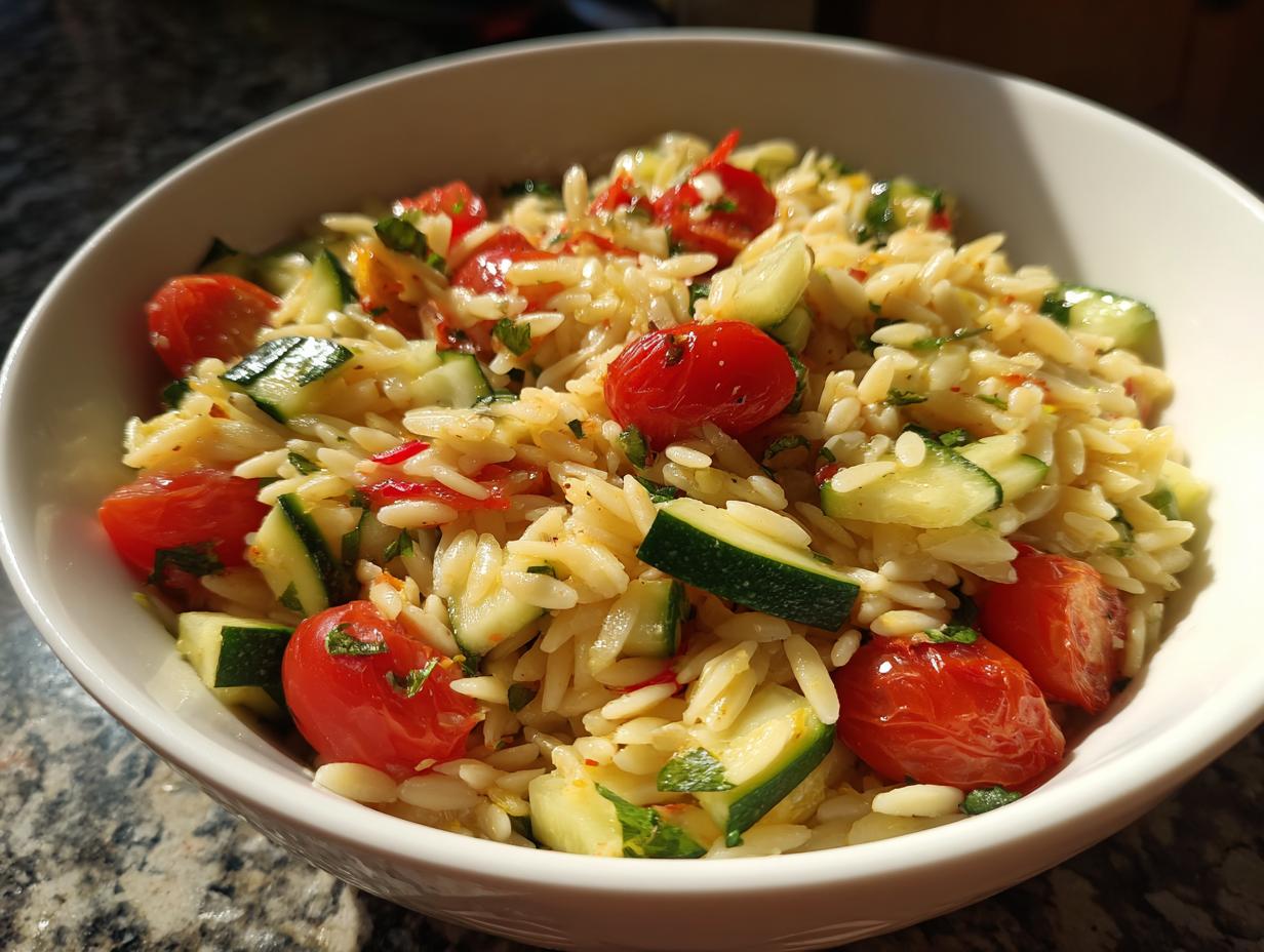 A bowl of lemony orzo salad with fresh veggies, featuring cherry tomatoes, cucumber, and herbs.