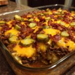 Close-up of a freshly baked Low-Carb Bacon Cheeseburger Casserole in a glass dish, topped with melted cheddar cheese, bacon, and pickles.
