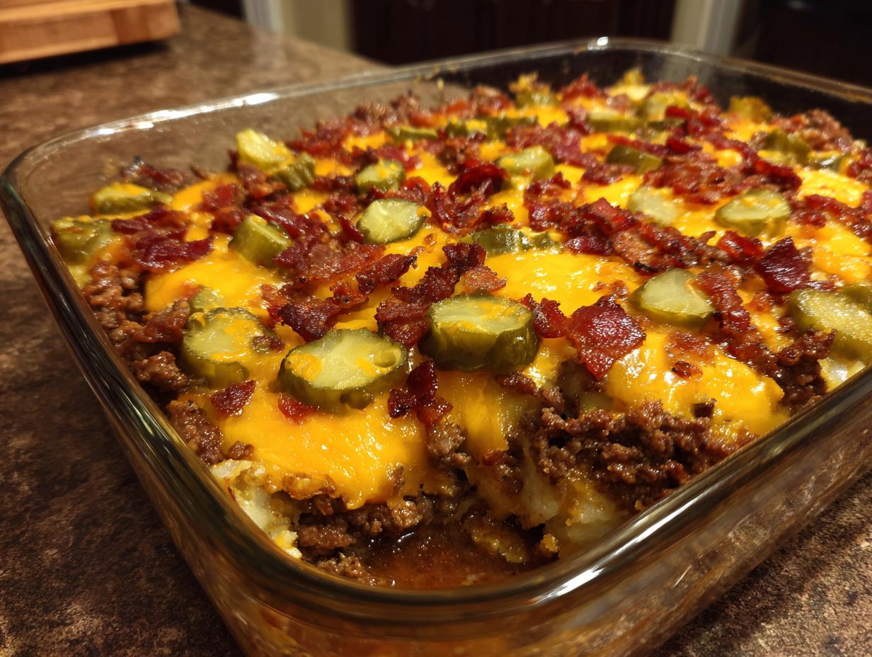 Close-up of a freshly baked Low-Carb Bacon Cheeseburger Casserole in a glass dish, topped with melted cheddar cheese, bacon, and pickles.