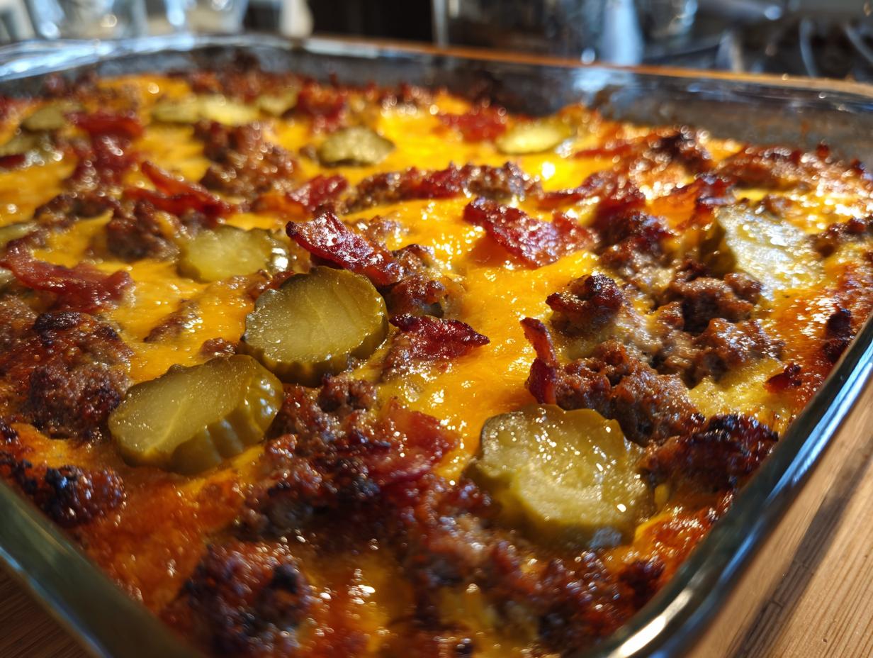 A close-up view of a freshly baked Low-Carb Bacon Cheeseburger Casserole in a glass dish, topped with melted cheese, bacon, and pickles.