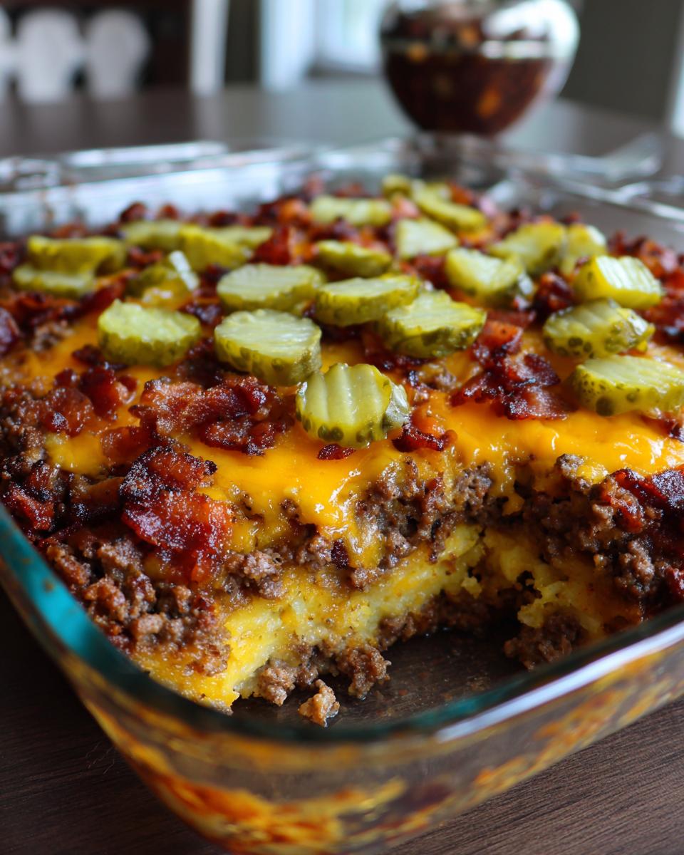 A slice of Low-Carb Bacon Cheeseburger Casserole topped with melted cheese, bacon, and pickle slices.