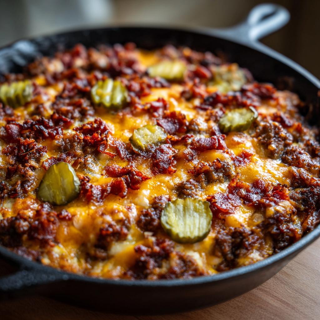 A close-up of a bubbling Low-Carb Bacon Cheeseburger Casserole in a cast-iron skillet, topped with melted cheese and pickles.