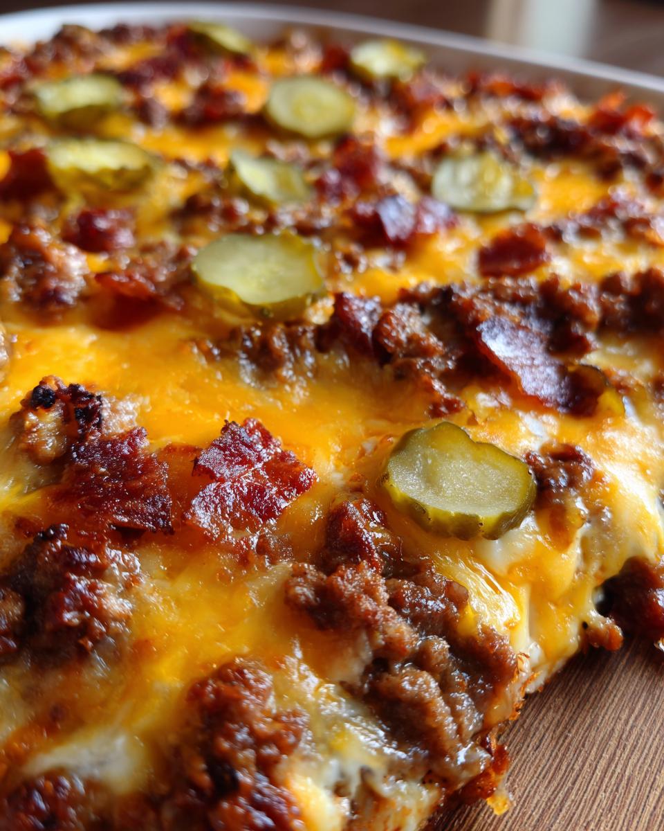 Close-up of a slice of Low-Carb Bacon Cheeseburger Casserole, topped with melted cheese, bacon, and pickles.