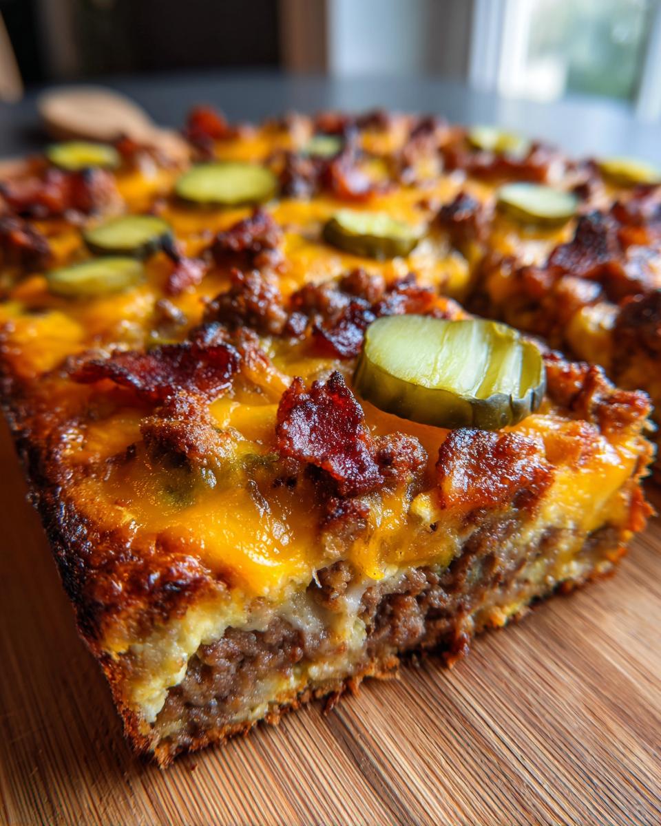 A close-up of a slice of Low-Carb Bacon Cheeseburger Casserole, topped with melted cheese, bacon, and pickles.