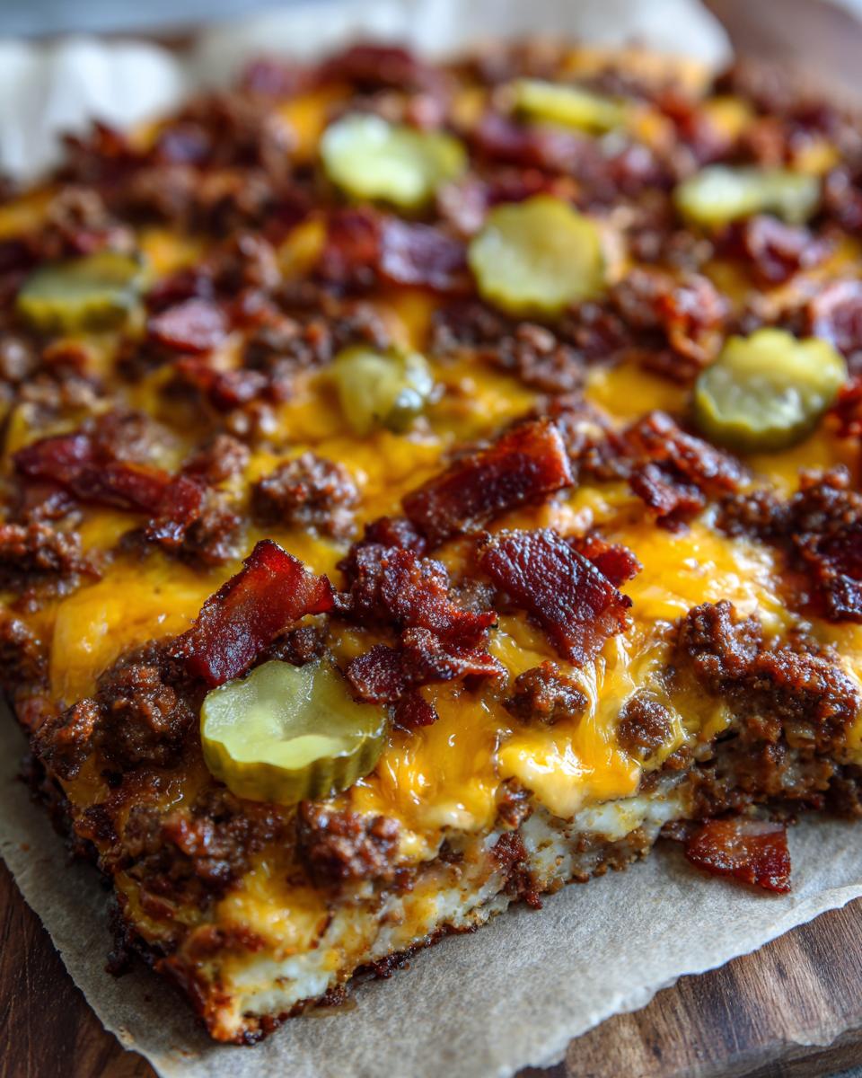A delicious slice of Low-Carb Bacon Cheeseburger Casserole topped with melted cheese, bacon, and pickles.