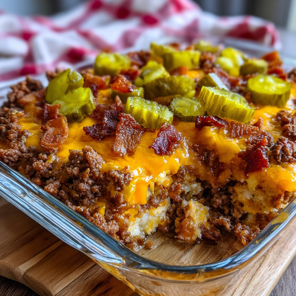 A delicious slice of Low-Carb Bacon Cheeseburger Casserole topped with melted cheese, bacon, and pickles.