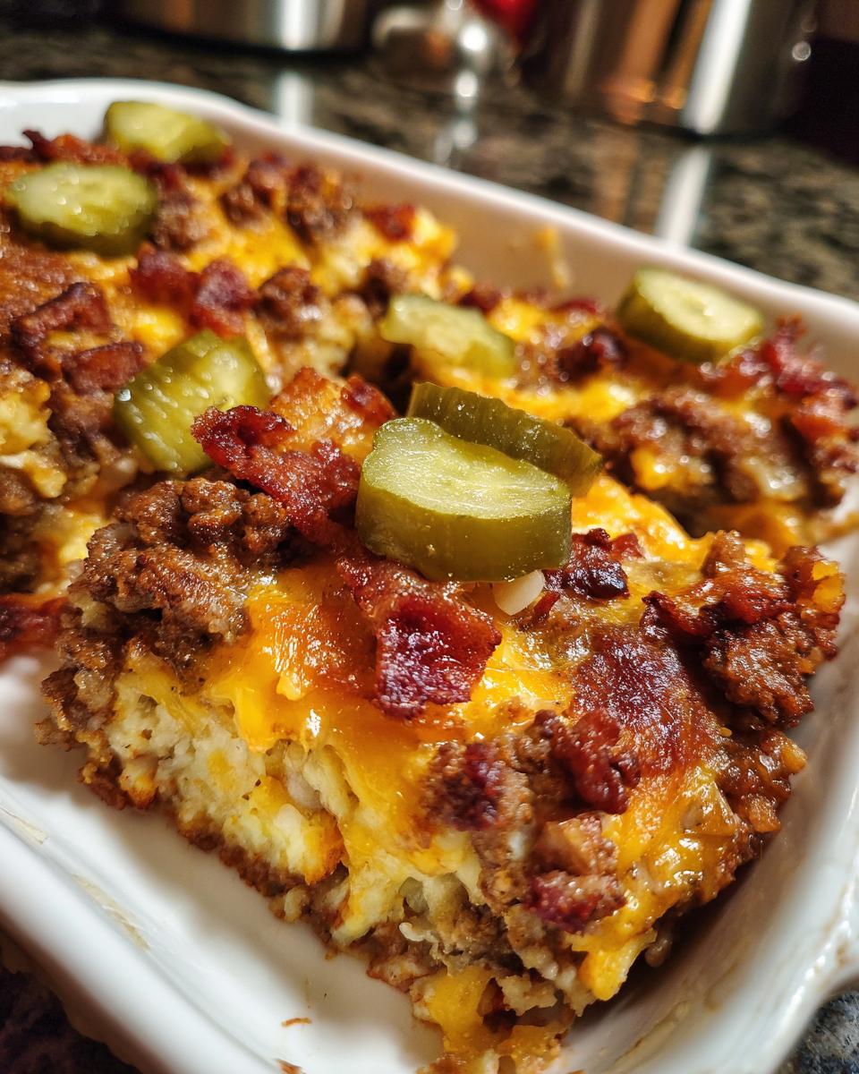 A close-up of a slice of Low-Carb Bacon Cheeseburger Casserole, topped with melted cheese, bacon, and pickles.