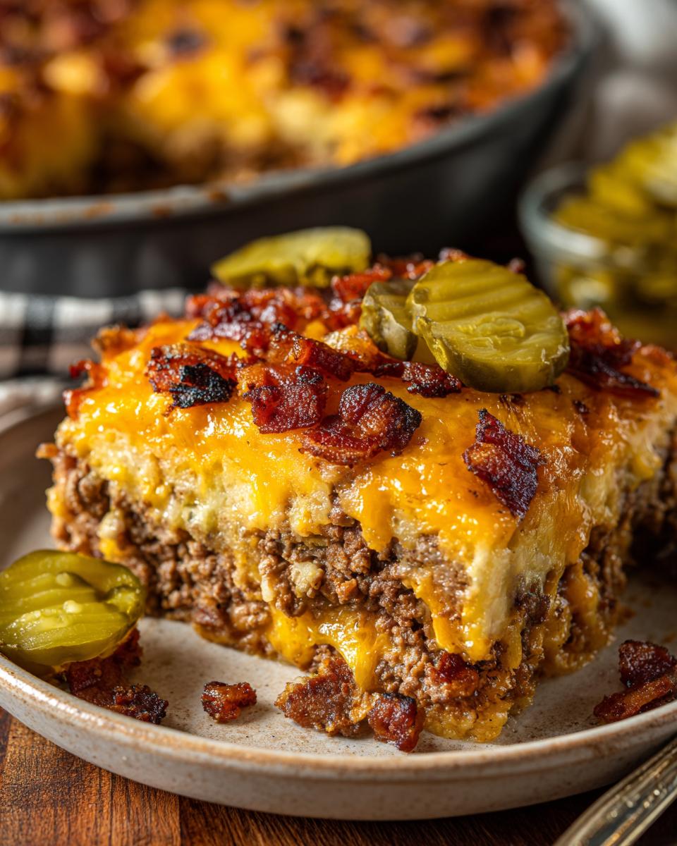 A delicious slice of Low-Carb Bacon Cheeseburger Casserole topped with melted cheese, crispy bacon, and pickles.