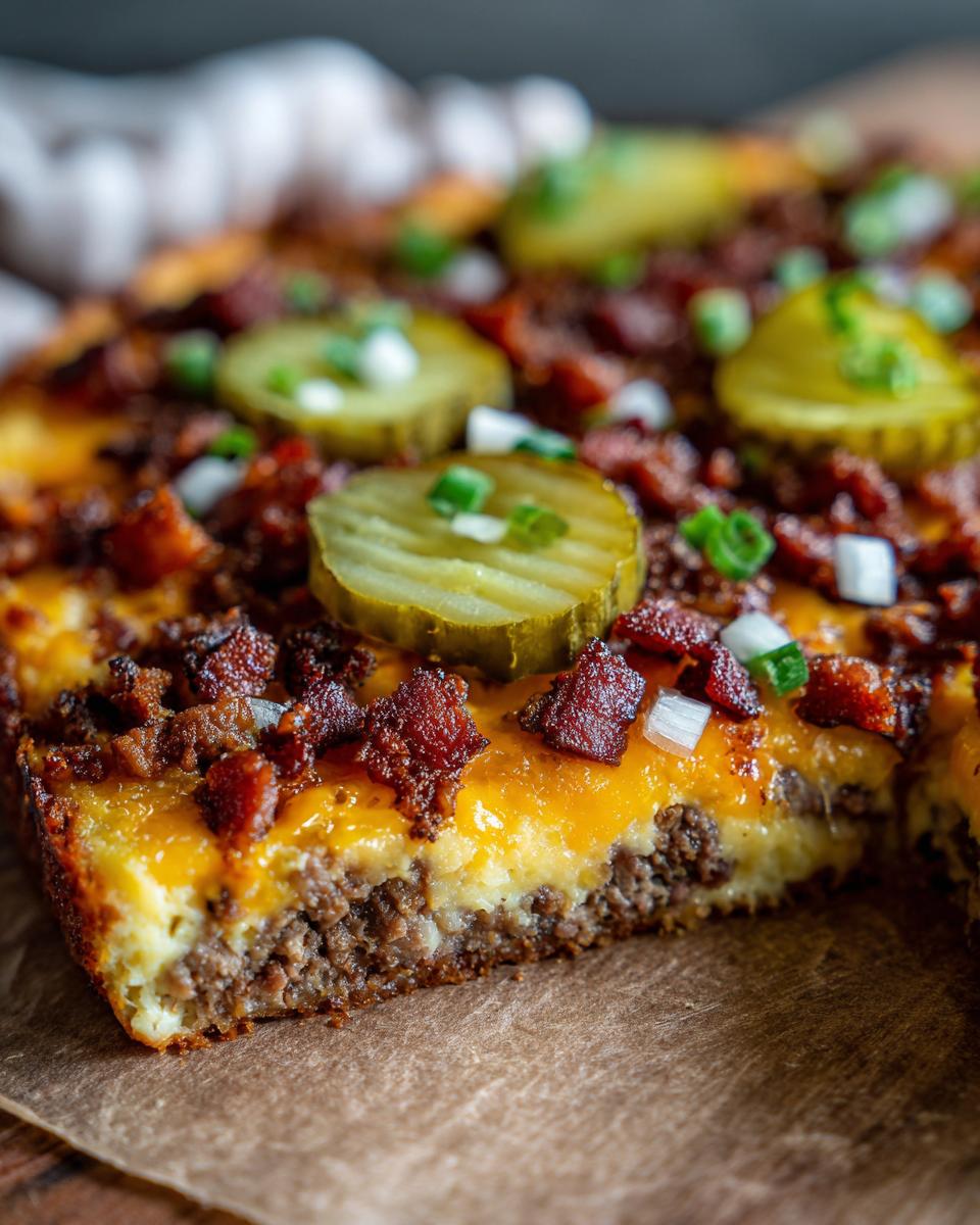 A close-up of a slice of Low-Carb Bacon Cheeseburger Casserole, topped with pickles, bacon, and chives.