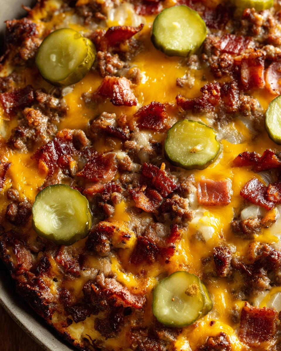 Close-up of a delicious Low-Carb Bacon Cheeseburger Casserole topped with melted cheese and pickle slices.