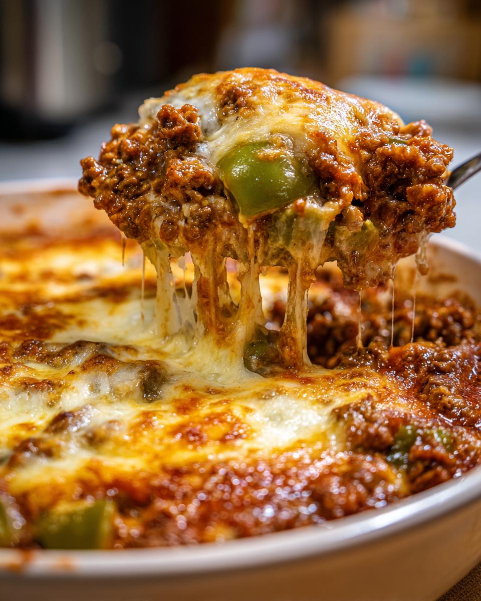 A spoonful of cheesy Low Carb Philly Cheesesteak Casserole being lifted, showing melted cheese strands and ground beef mixture.