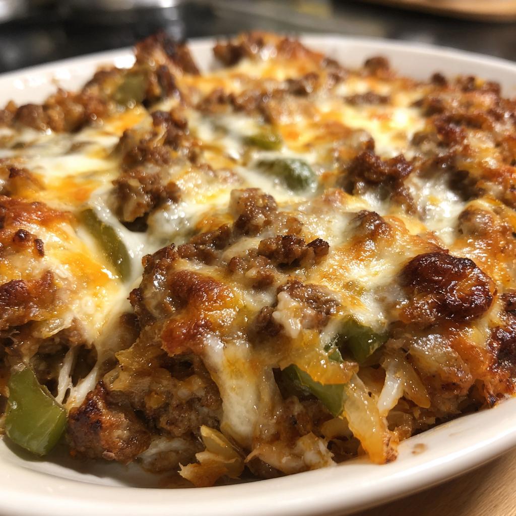 A close-up of a delicious Low Carb Philly Cheesesteak Casserole, bubbling with melted cheese, seasoned ground beef, and green peppers.