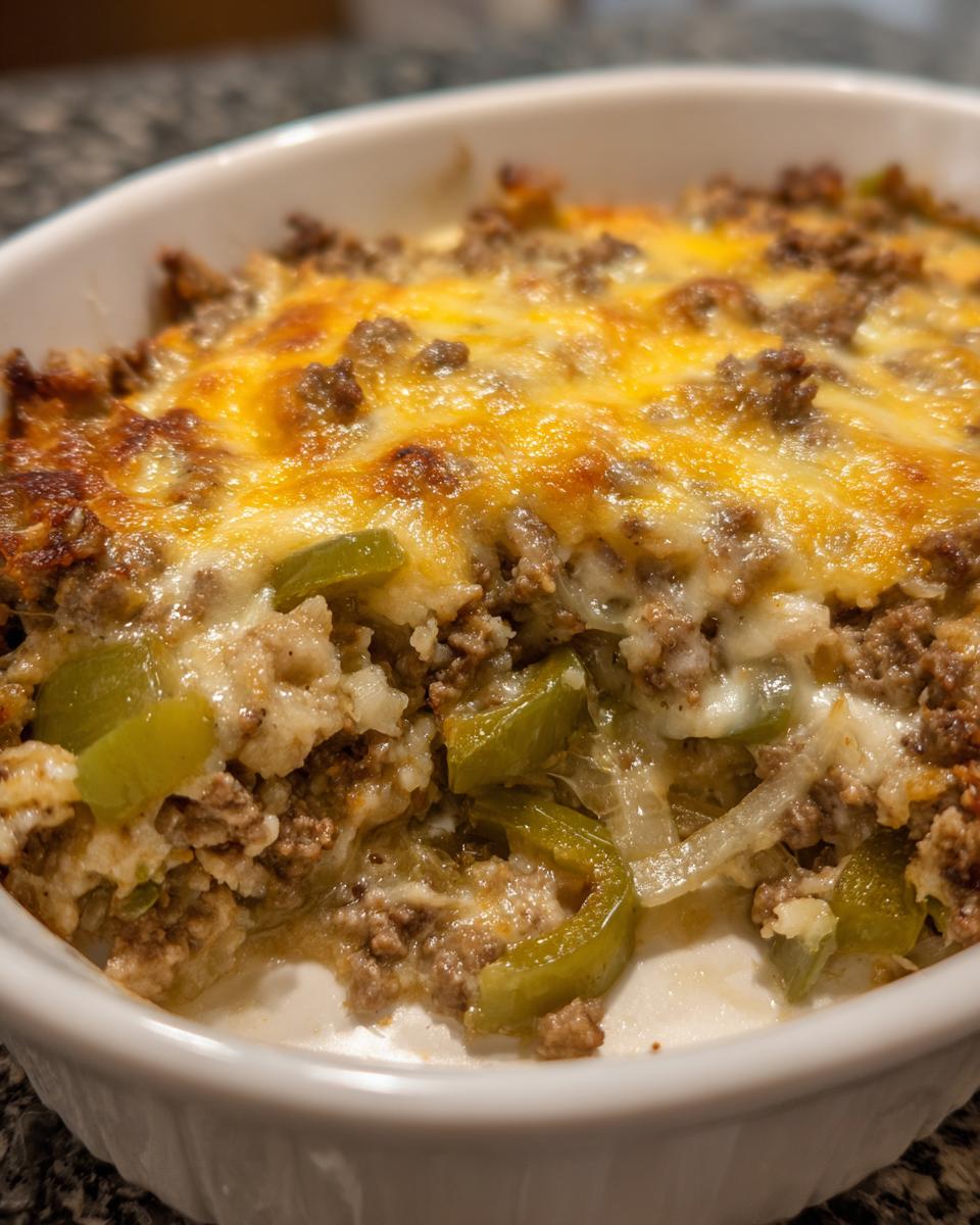 Close-up of a Low Carb Philly Cheesesteak Casserole in a white baking dish, with melted cheese, ground beef, and green peppers.