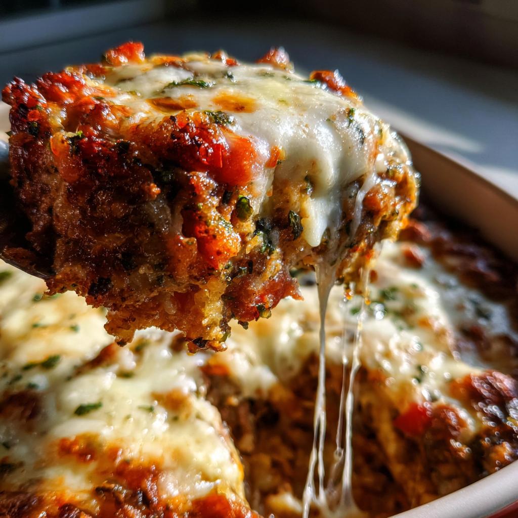 A scoop of Low Carb Philly Cheesesteak Casserole with melted cheese stretching from the scoop.