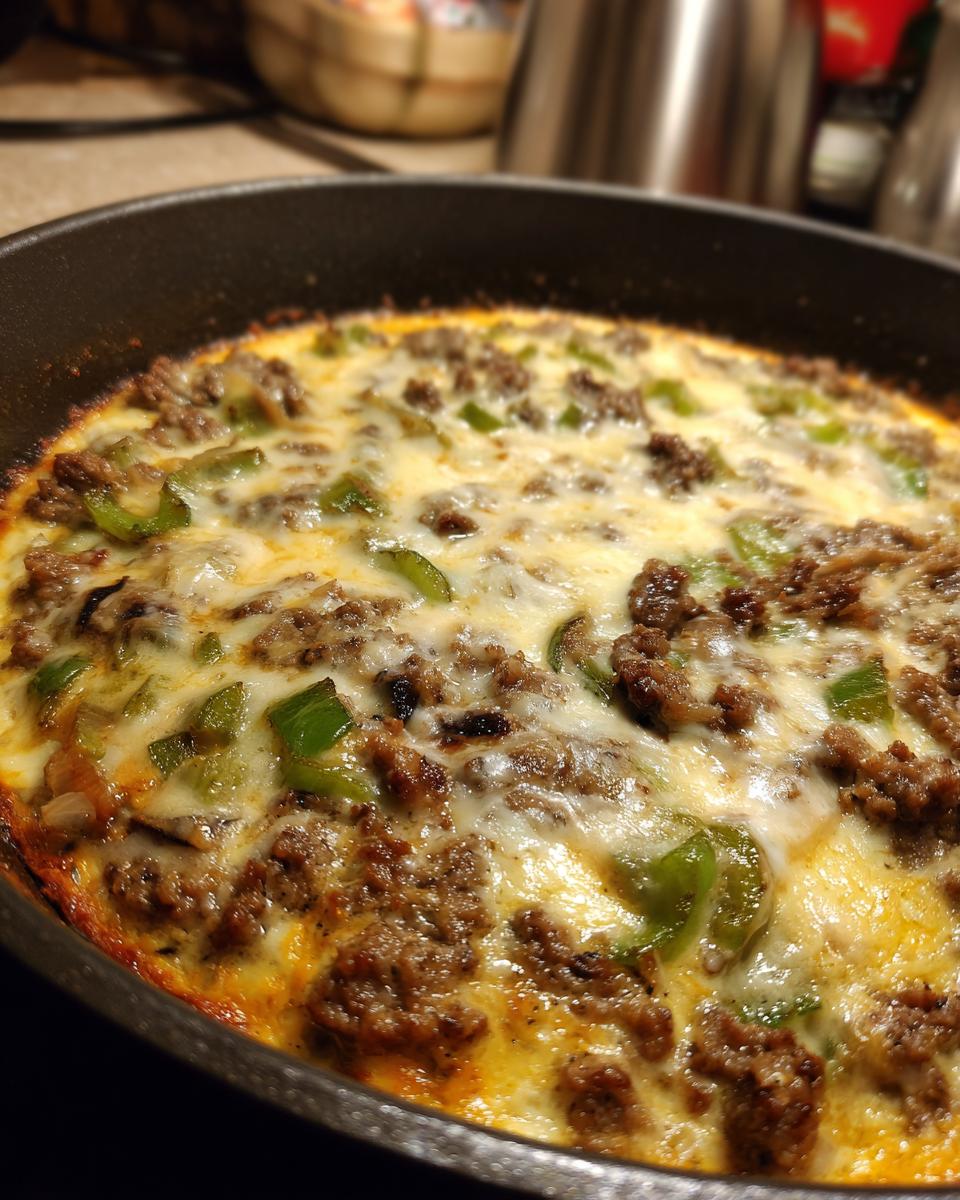 Close-up of a bubbling Low Carb Philly Cheesesteak Casserole in a black skillet, with ground beef, green peppers, and melted cheese.