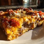 A slice of Low Carb Philly Cheesesteak Casserole on a plate, featuring ground beef, melted cheese, and herbs.