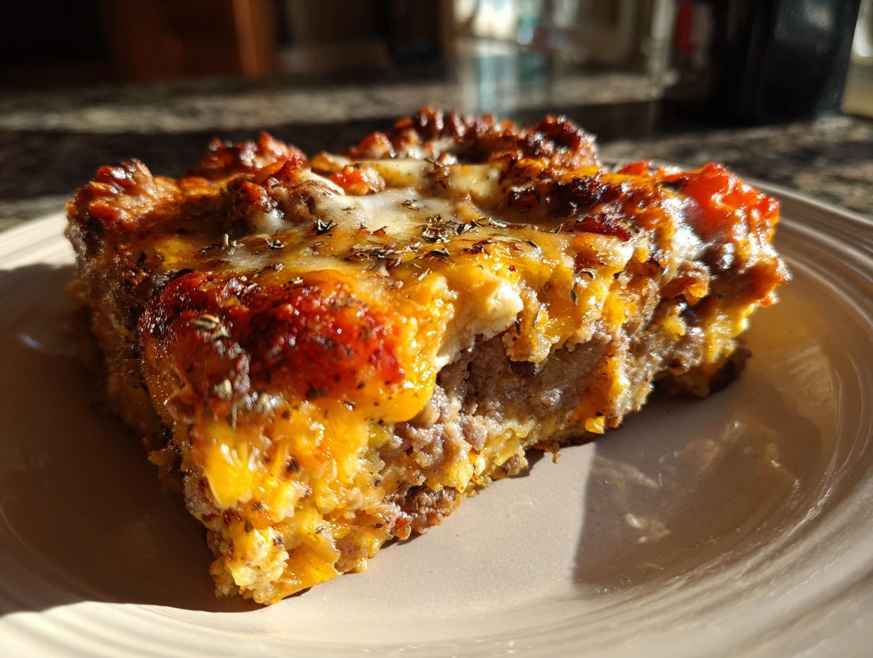 A slice of Low Carb Philly Cheesesteak Casserole on a plate, featuring ground beef, melted cheese, and herbs.