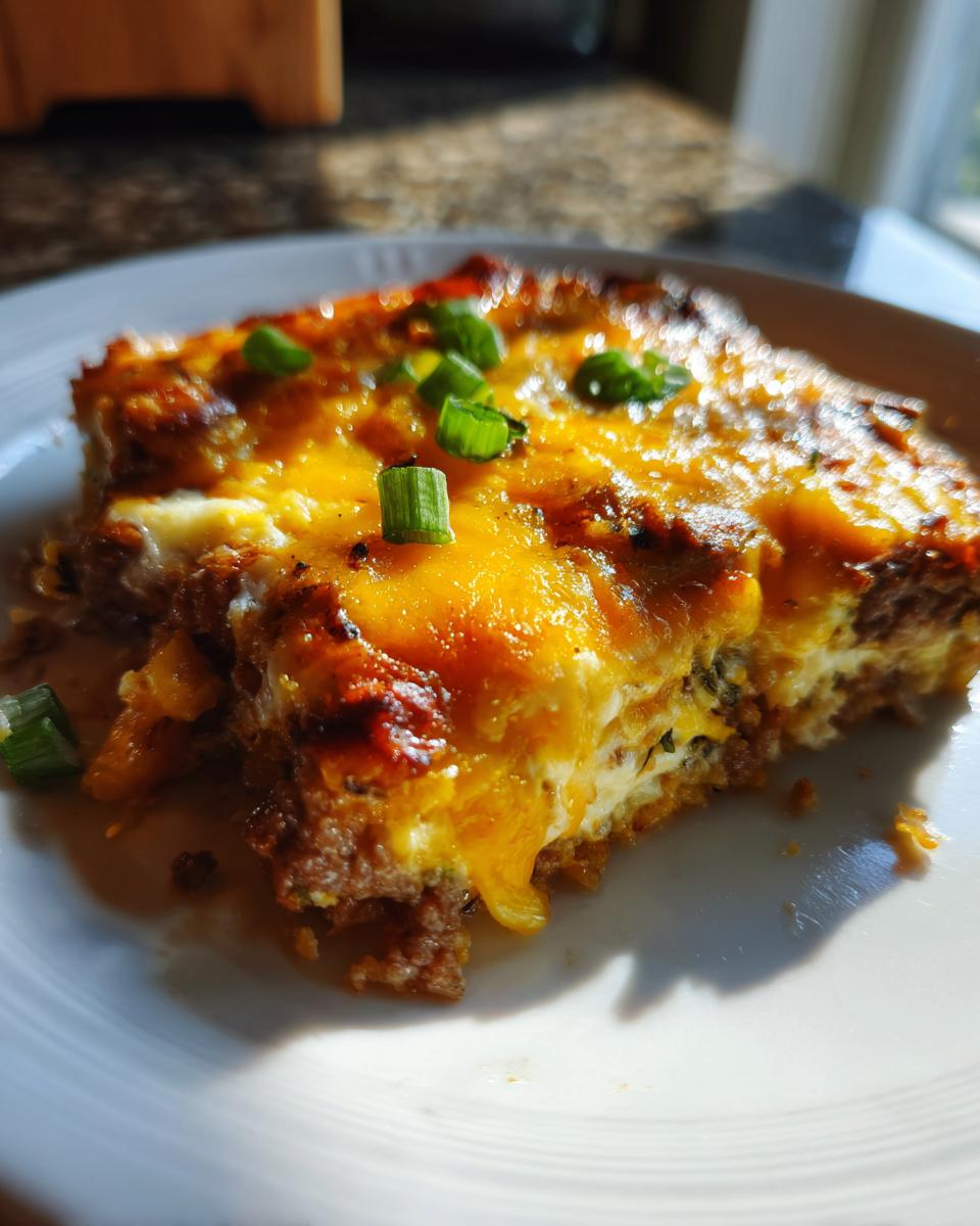 A slice of Low Carb Philly Cheesesteak Casserole topped with melted cheese and green onions on a white plate.
