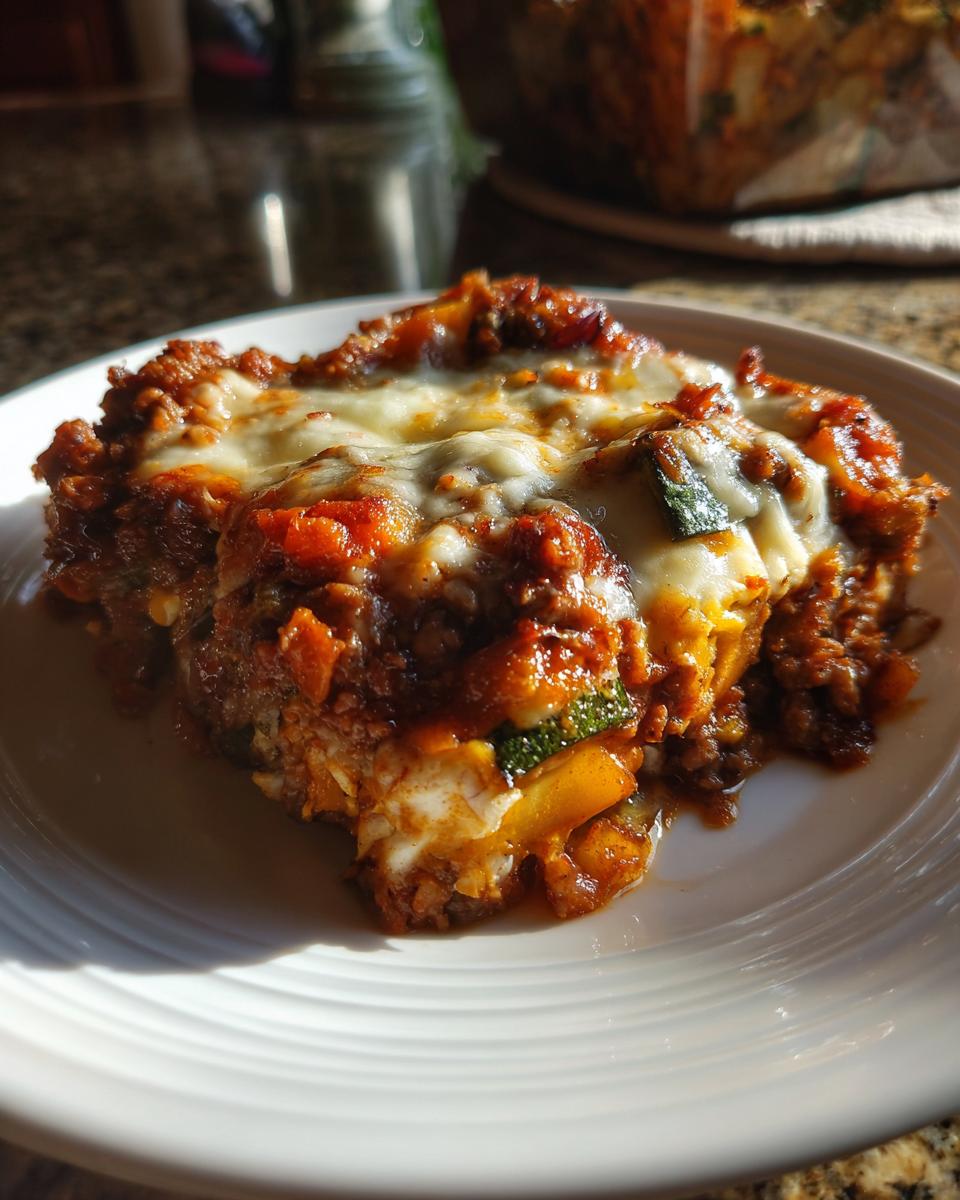 A slice of Low Carb Philly Cheesesteak Casserole on a white plate, featuring layers of meat, cheese, and vegetables.