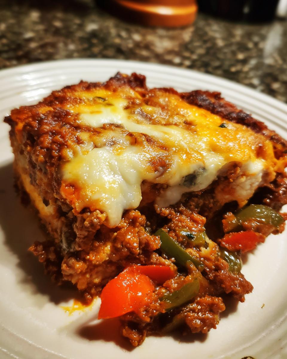 A delicious slice of Low Carb Philly Cheesesteak Casserole with melted cheese and peppers.