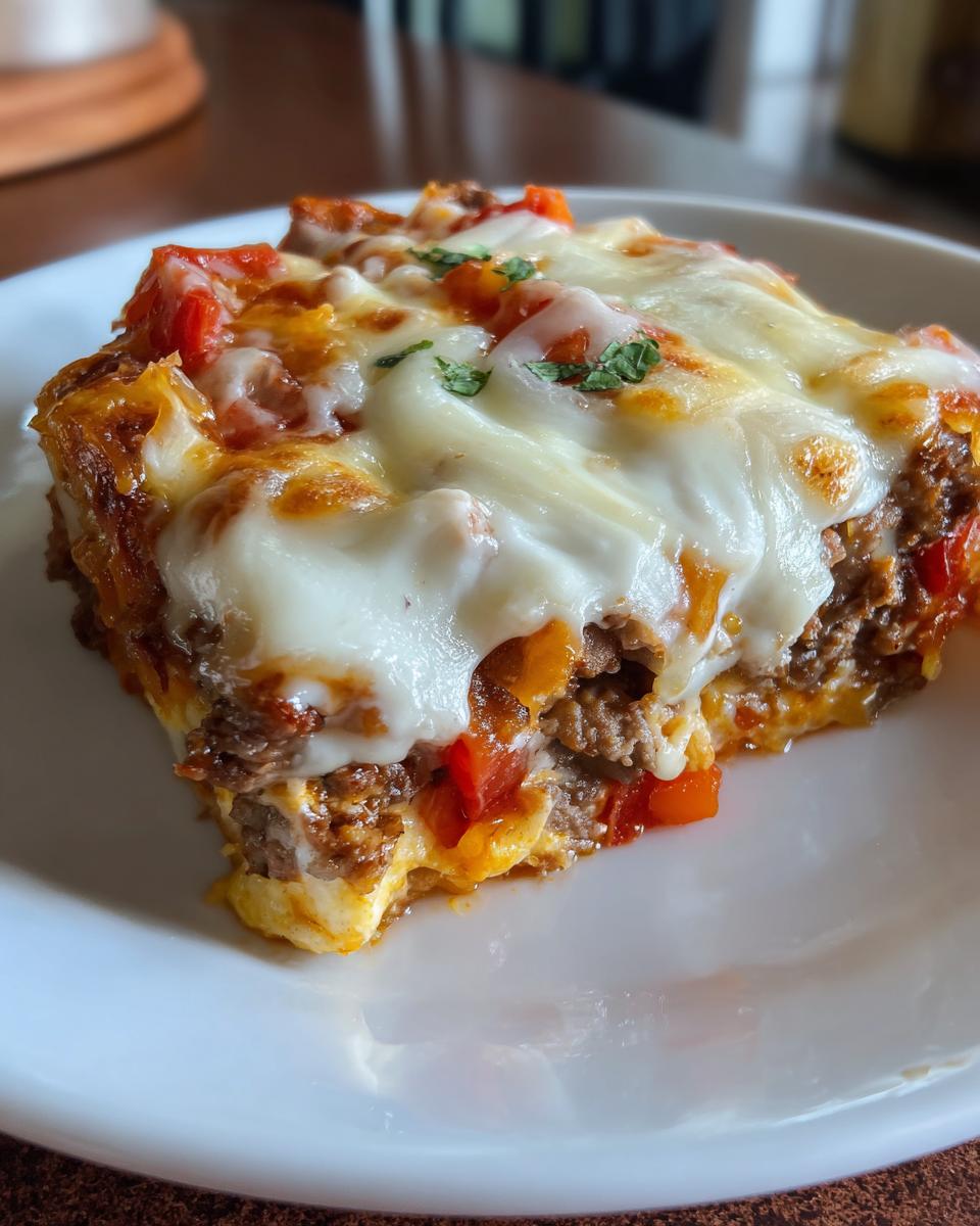 A slice of Low Carb Philly Cheesesteak Casserole with melted cheese, ground beef, and peppers on a white plate.