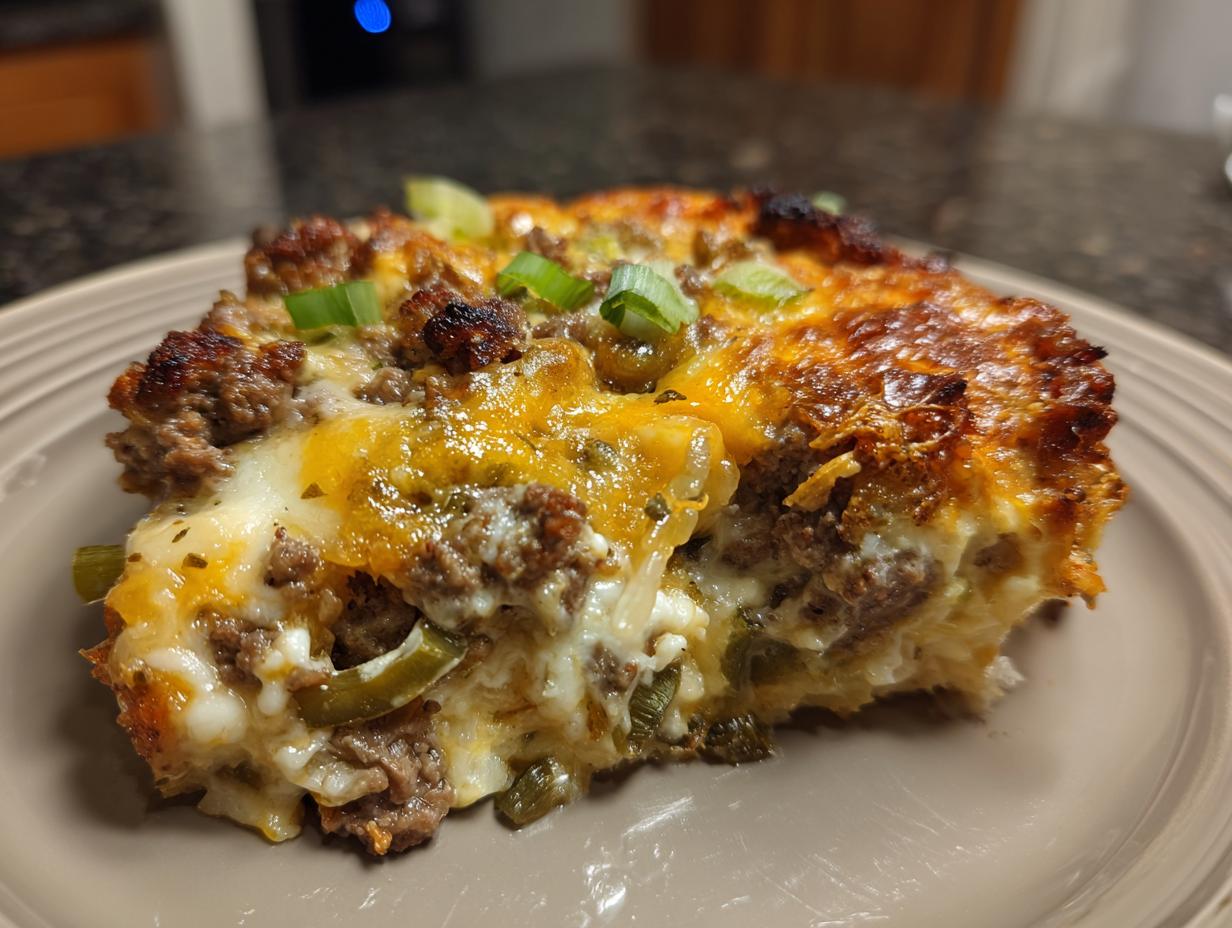 A delicious slice of Low Carb Philly Cheesesteak Casserole with ground beef, cheese, and green peppers.