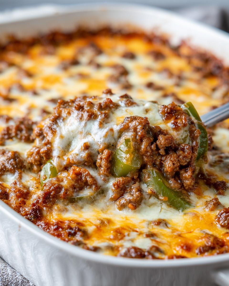 A spoonful of cheesy Low Carb Philly Cheesesteak Casserole with ground beef and green peppers.