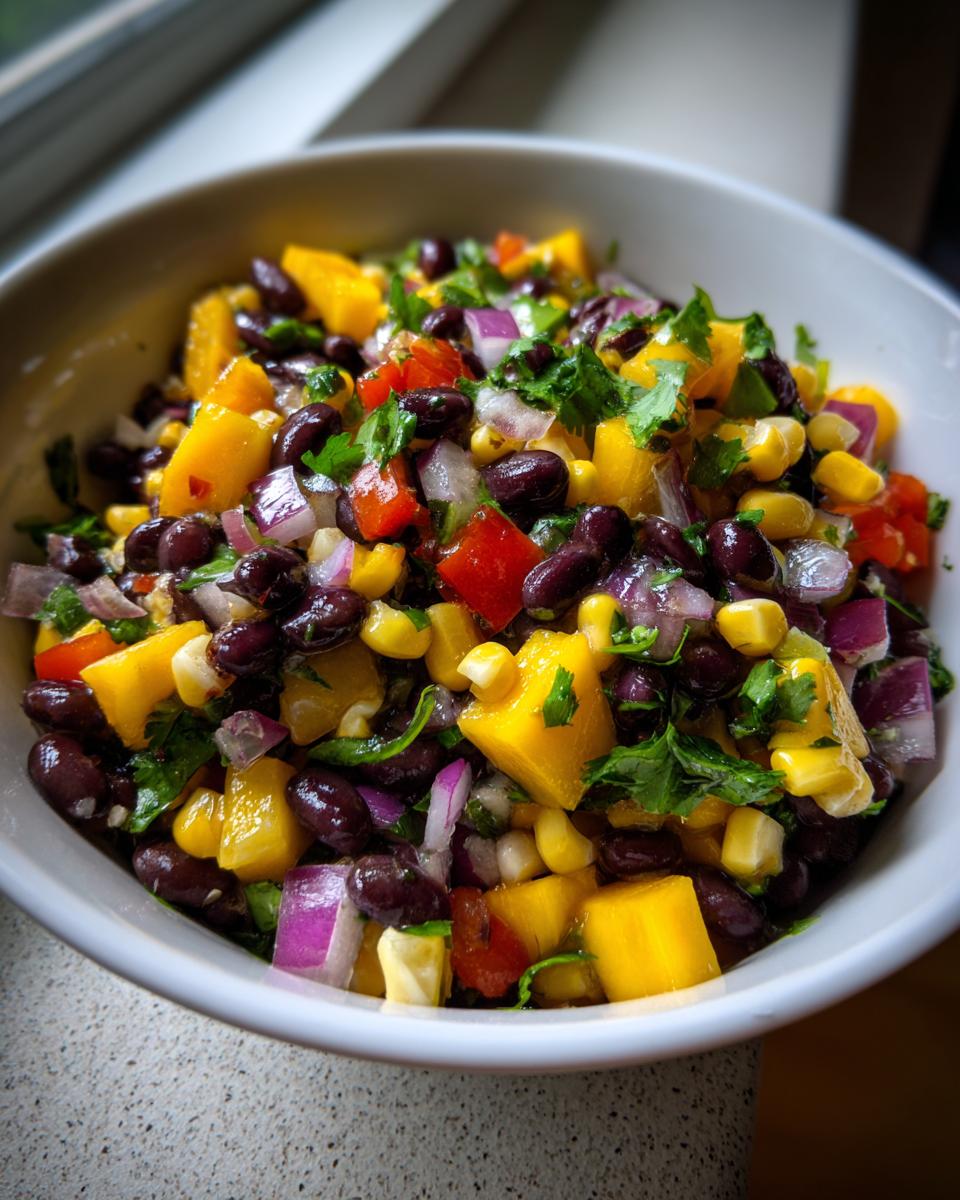 Close-up of a vibrant Summer Salad with Mango, Black Beans, Corn, Red Onion, and Cilantro.