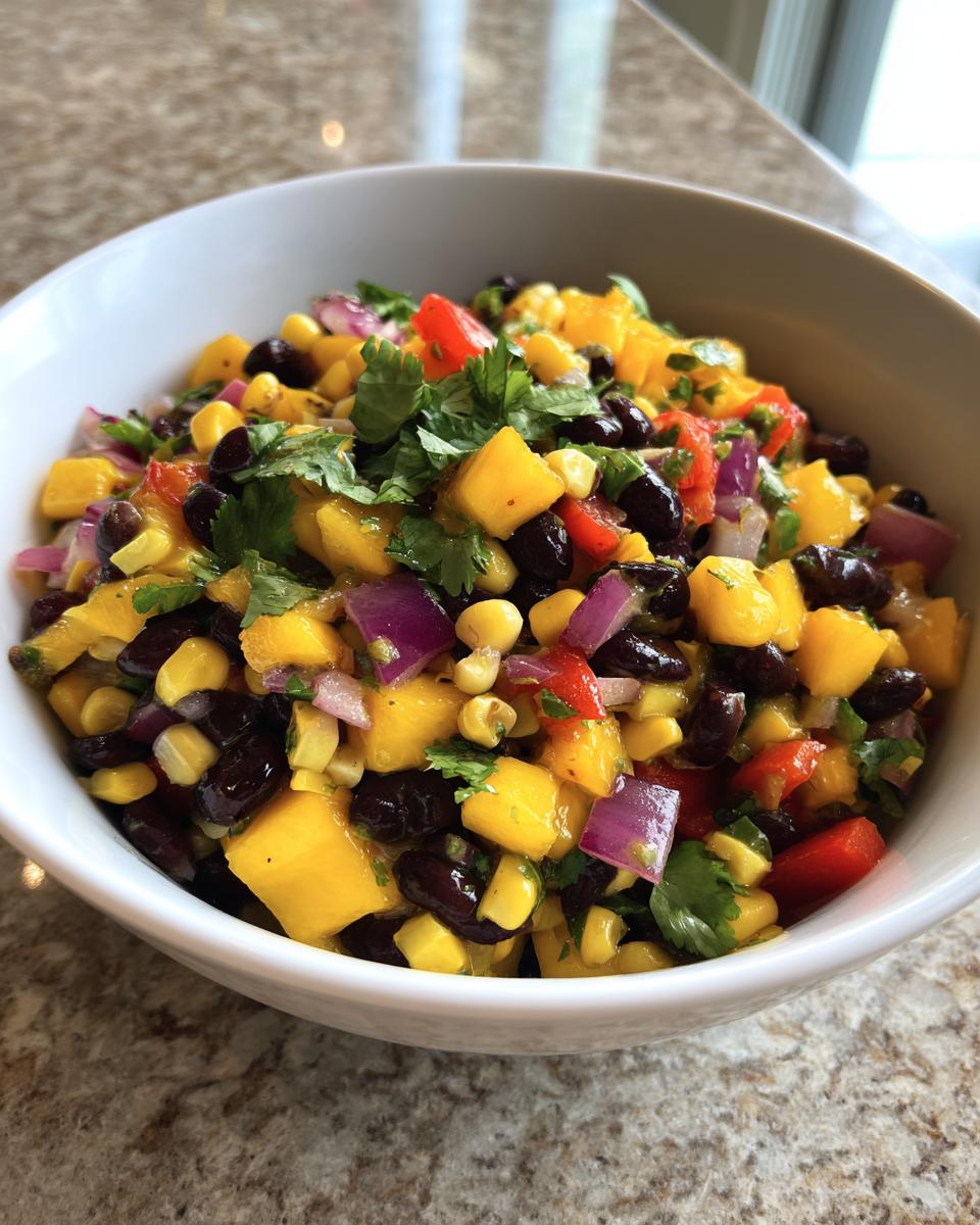 A close-up of a vibrant Summer Salad Recipe with Mango Black Bean Picnic Salad, featuring diced mango, black beans, corn, red onion, and cilantro.