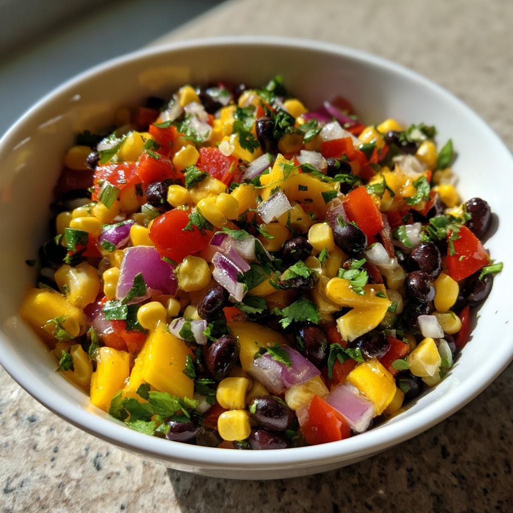 A vibrant bowl of Summer Salad Recipes With Mango Black Bean Picnic Salad, featuring corn, black beans, mango, red bell pepper, red onion, and cilantro.