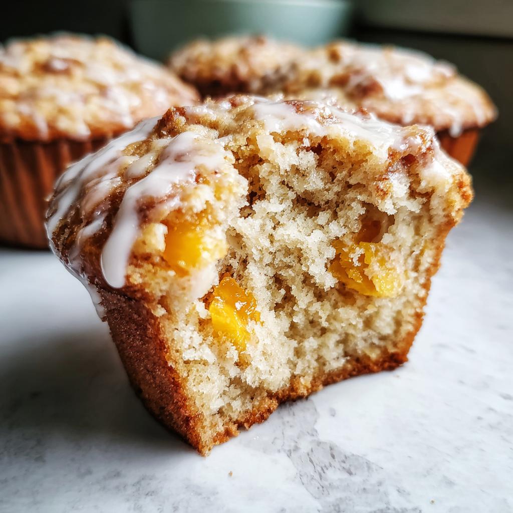 Close-up of a moist peach muffin with vanilla glaze, showing chunks of peach inside.