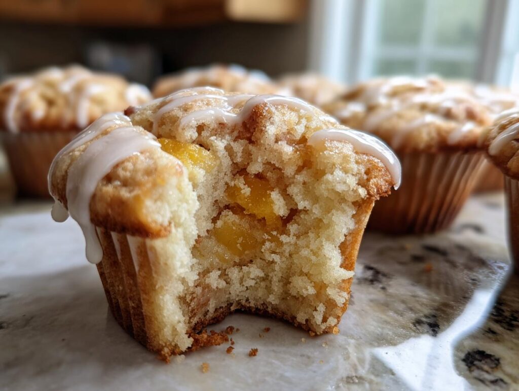 Close-up of a moist peach muffin with vanilla glaze, showing chunks of peach inside.
