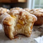 Close-up of a moist peach muffin with vanilla glaze, showing chunks of peach inside.